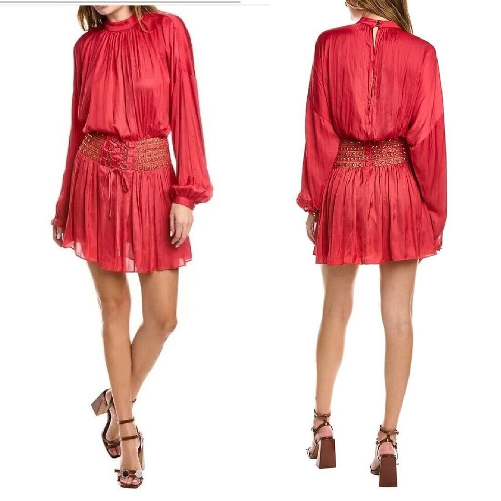 Ramy Brook Red Stella Drop-Waist Shiny Corset Red Mini Dress Size 6